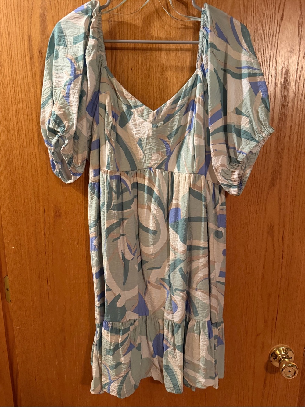 Nine West Sage Blue Abstract Puff Sleeve Mini Dress